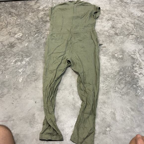 Magaschoni Womens Size 8 Linen Check Wide Leg Jumpsuit Romper Green Pockets READ - Picture 7 of 8